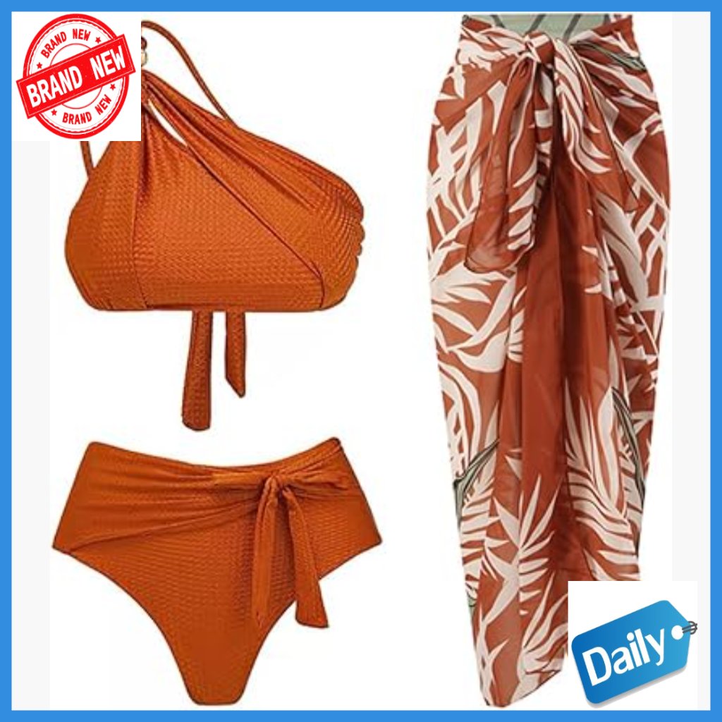 One-Piece Swimsuit With Wrap Skirt Sarong Set, Slim Fit, Polyester